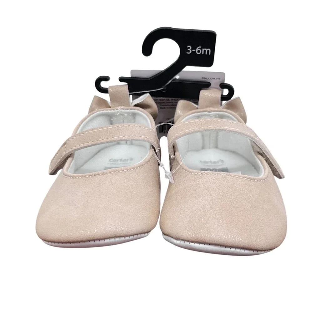 Carter's‎ Mary Jane Flats Girls 3-6M Champagne Shimmer Bow Heel Soft Sole Shoes